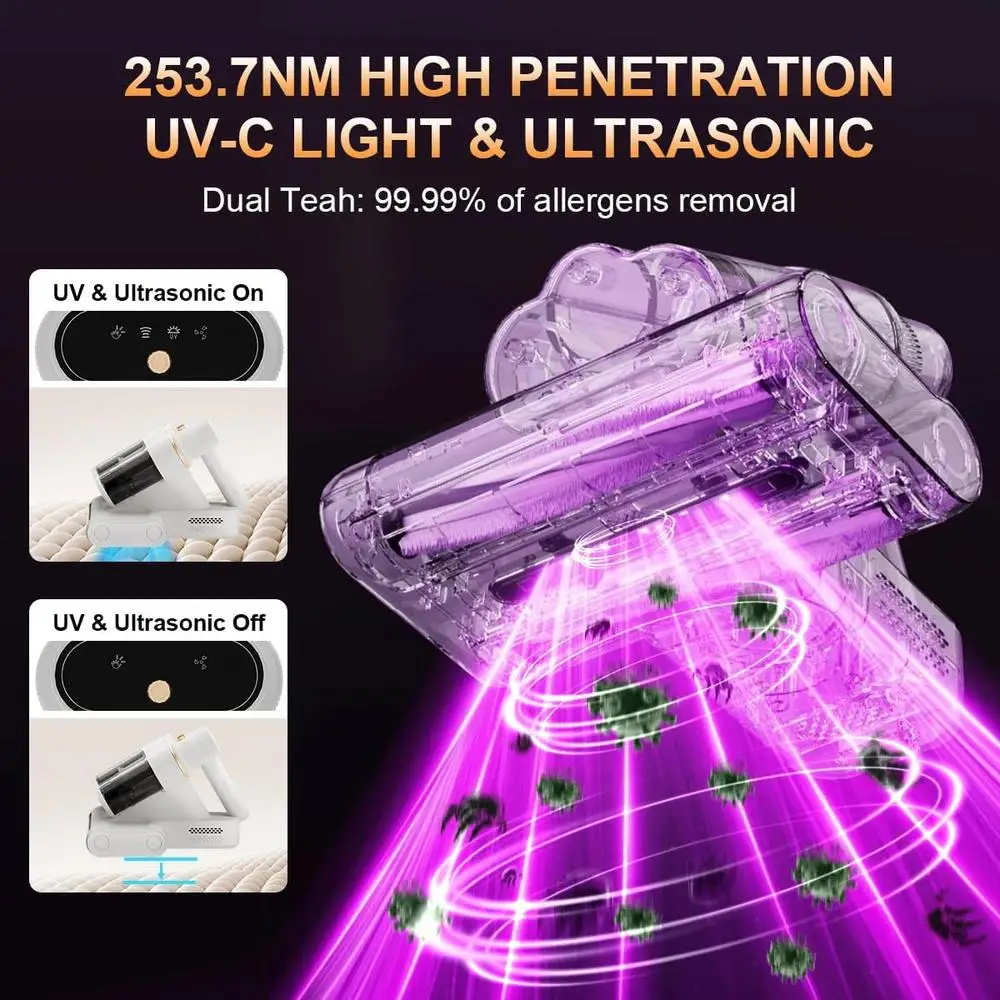 Mattress Vacuum Cleaner 16Kpa Suction UV-C Light 80000rpm Dual Brush Rolls Ultrasonic Heating 6-Stage Filtration 650ml Dust Cup