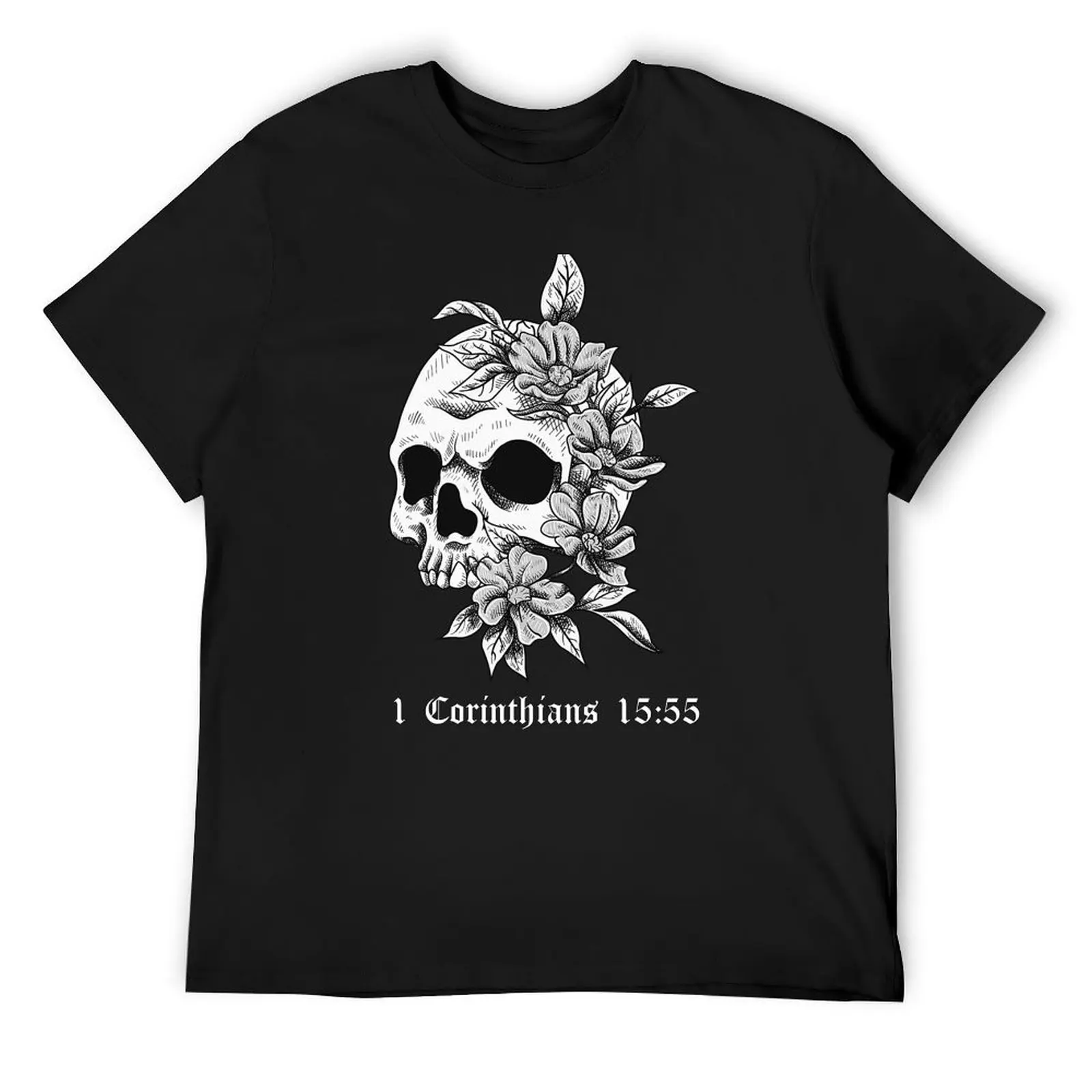 

Skull with flowers 1 Corinthians 15:55 T-Shirt blacks tops gifts for boyfriend tshirts for men