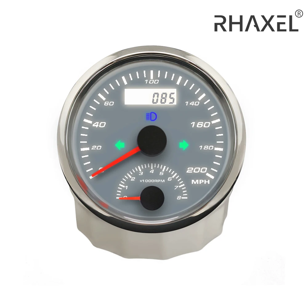 

RHAXEL 85mm 125 200 km/h MPH GPS Speedometer Tachometer 4K 8K RPM GPS Antenna Mileage Amber Backlight 12V/24V for Car Sailboat
