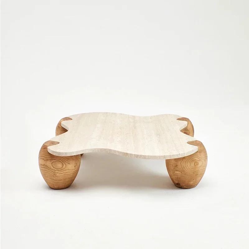 

Wabi Sansi retro natural travertine coffee table solid wood base marble coffee table