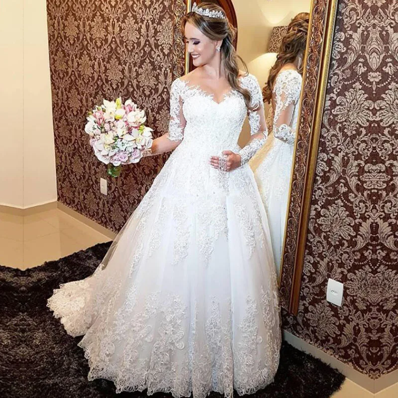 ZJ9160 Princess Ball Wedding Dresses 2024 V Neck Long Sleeves Lace Up Appliqus Beaded Bride Gowns