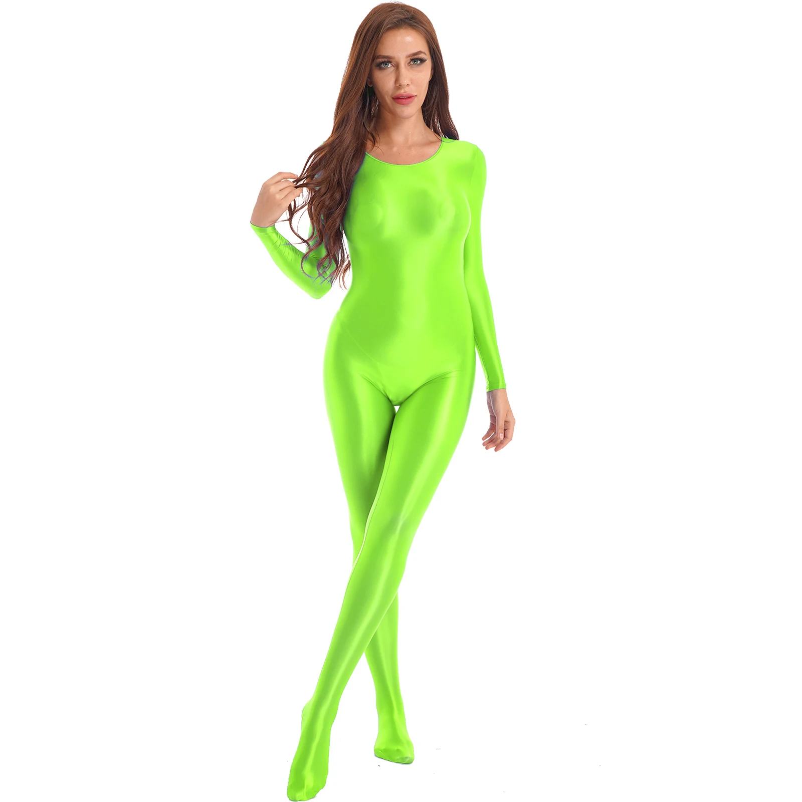 Damen Overalls Langarm glänzende Dessous Body stocking Frau Gymnastik Bodysuit Catsuit für Pole Dance Clubwear Nachtwäsche