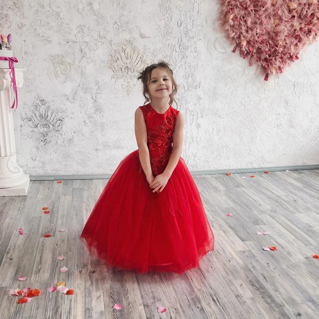 

Flower Girl Dresses Tulle Puffy With Bow Sleeveless For Wedding Party Birthday First Communion Gowns