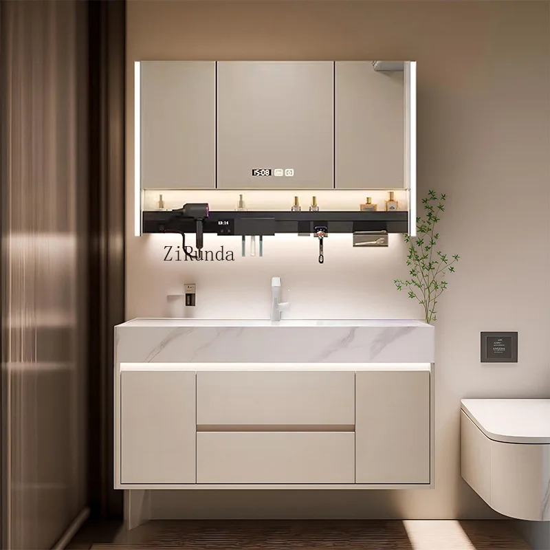 

Hot curved rock slab integrated basin bathroom cabinet luxury disinfection smart mirror cabinet combination cabinet