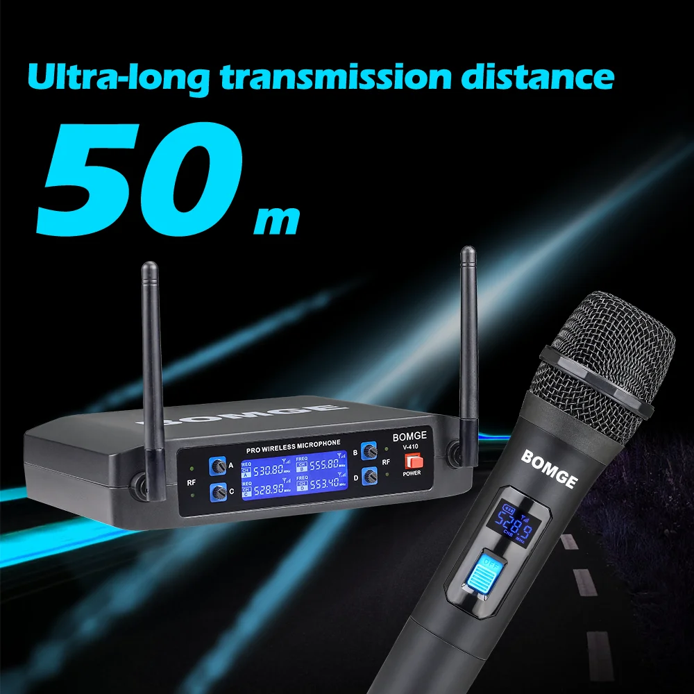 Wireless Microphone System BOMGE Pro 4 Channel Cordless Mic Set With Four Handheld Mics Fixed Frequency Long Range 200ft Karaoke