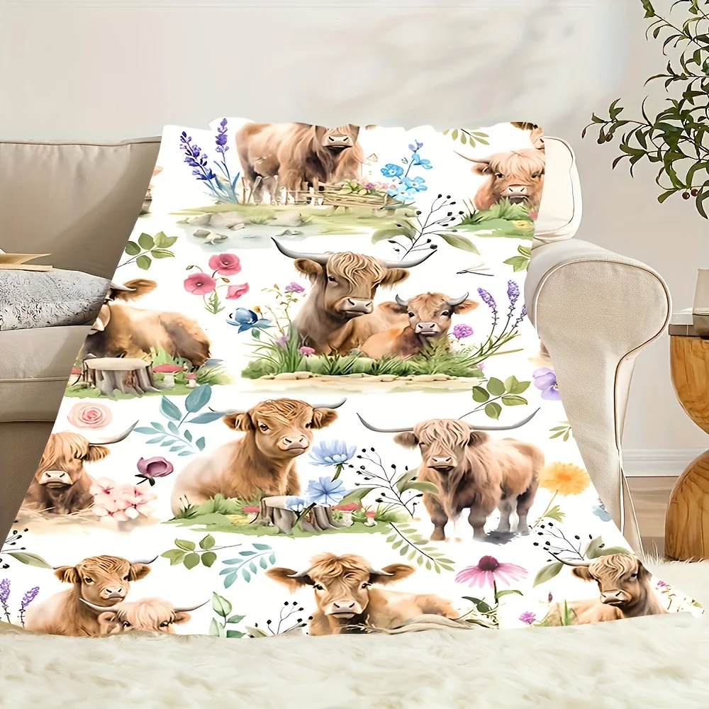 Highland Cattle Wildflowers Flannel Blanket Cozy Rustic Style Tear Resistant All Seasons Machine Washable Living Room Bedroom