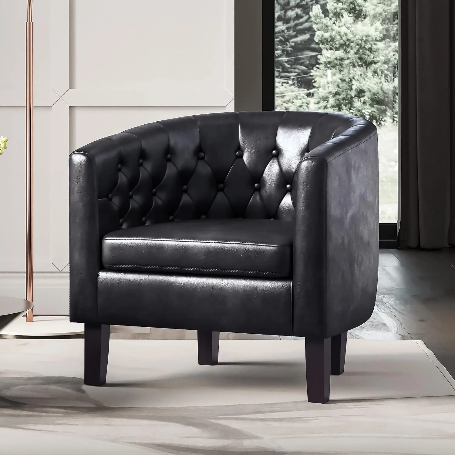 Black Barrel Accent Chairs Set of 2, Tufted Faux Leather Arm Chairs with Sturdy Legs for Living Room Bedroom, Customized