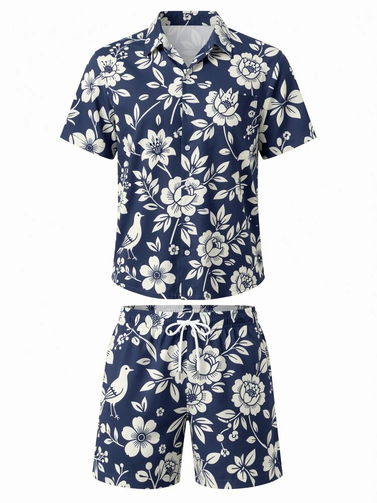 Mens Floral Short Sleeve Shirt and Drawstring Shorts Set Beach Vacation Casual Beach Two Piece Casual Resort Outfit Vacationwear - view 2