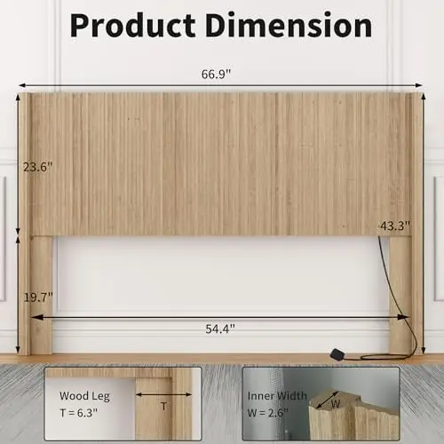 Queen Size Headboard Only, Modern Fluted Wall-Mounted Head Board with Lighting, Boho Wood Bed headboard Stylish Bedroom