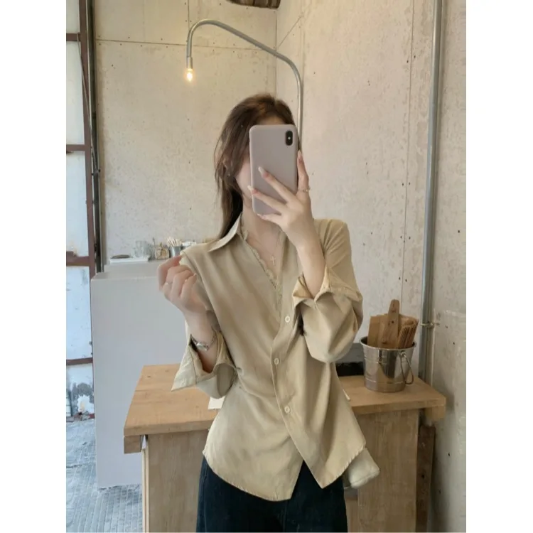 

Женская рубашка с длинными рукавами и кружевной отделкой, приталенного кроя, в французском стиле, с отложным воротником, с пуговицами на талии, повседневный топ