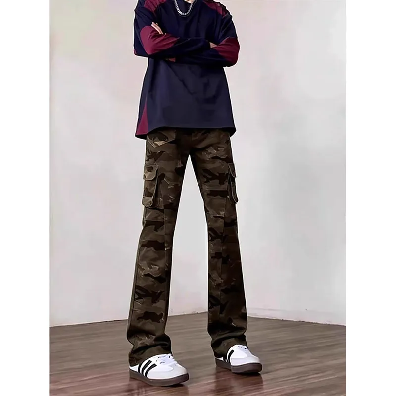 

American Retro Camouflage Flared Workwear Pants Men's Autumn Winter High Street Cleanfit Knife Denim Jeans Youth Polyest...