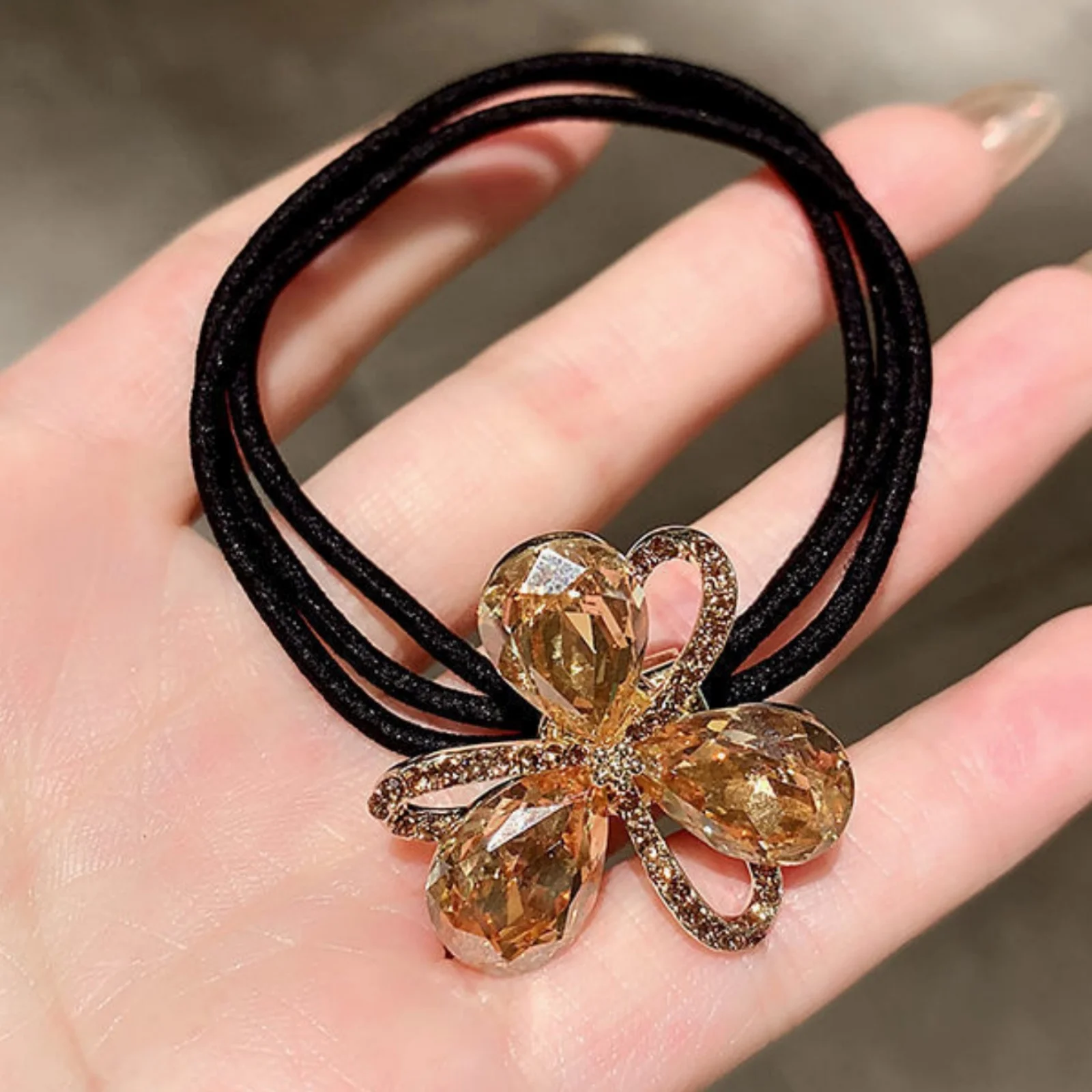 1PC New Flash Diamond Flower Headband Fashion Ponytail Temperament Hair Circle Black High Elasticity Tie Marble Hair Rope Female