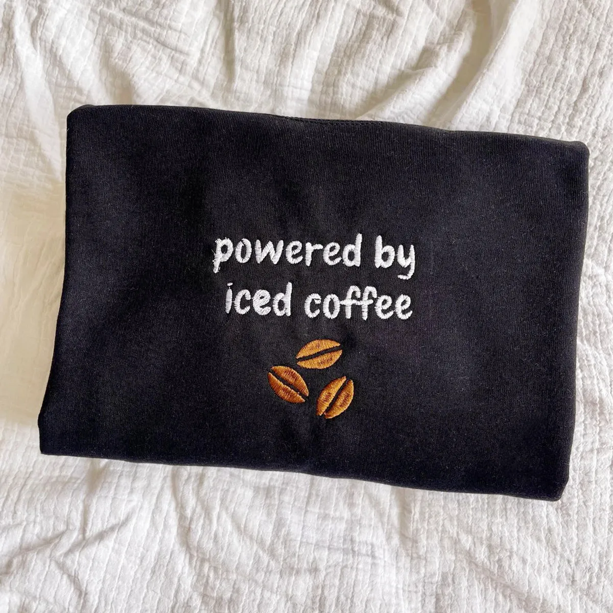 Powered By Iced Coffee Embroidered Crewneck Sweatshirt Women Autumn Thick Fleece Pullover Loose Vintage Coffee Lover\'s Jumpers