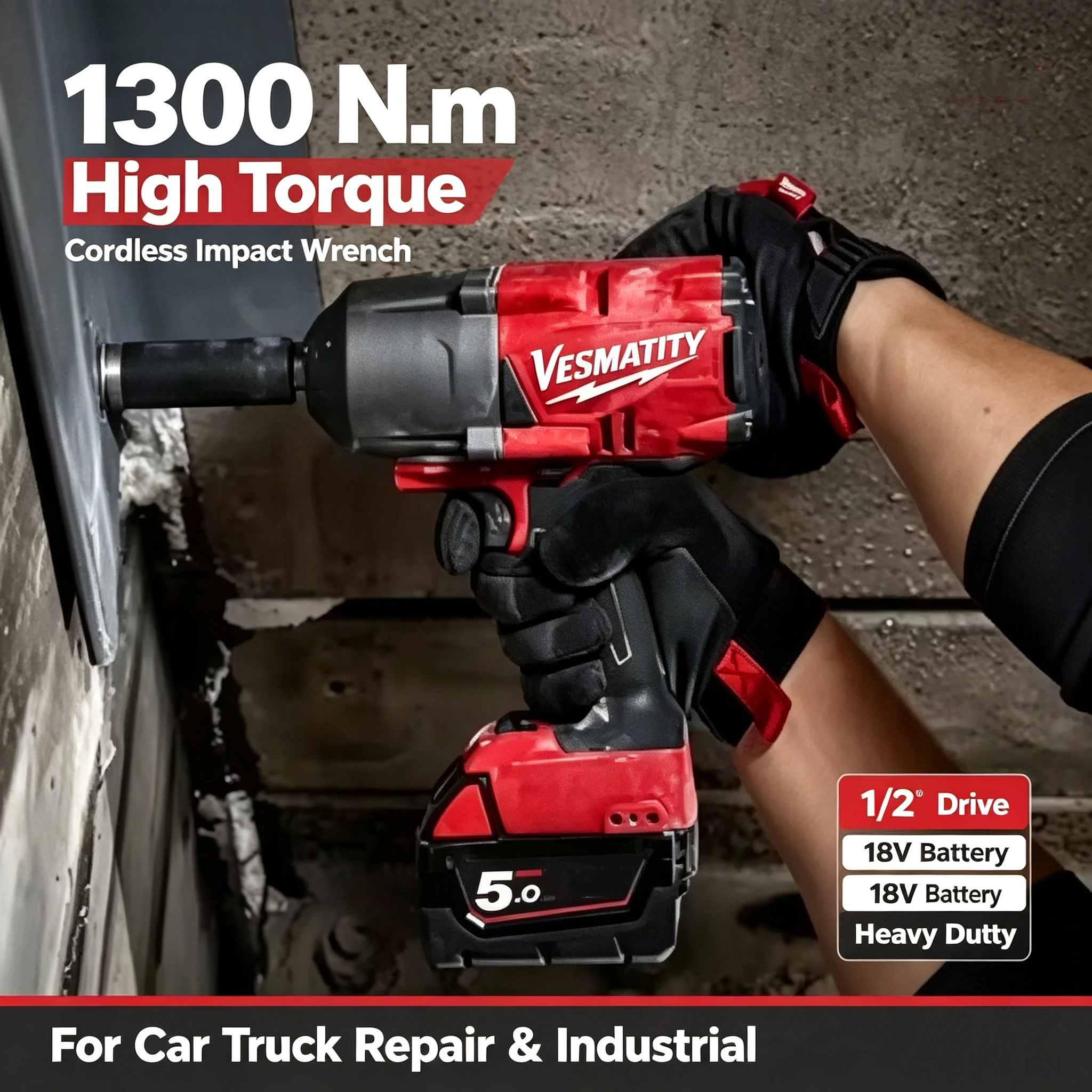 Brushless Impact Wrench 1300NM Cordless Electric Wrench Large Torque 1/2 inch Power Tools for Car Truck Tire Repair