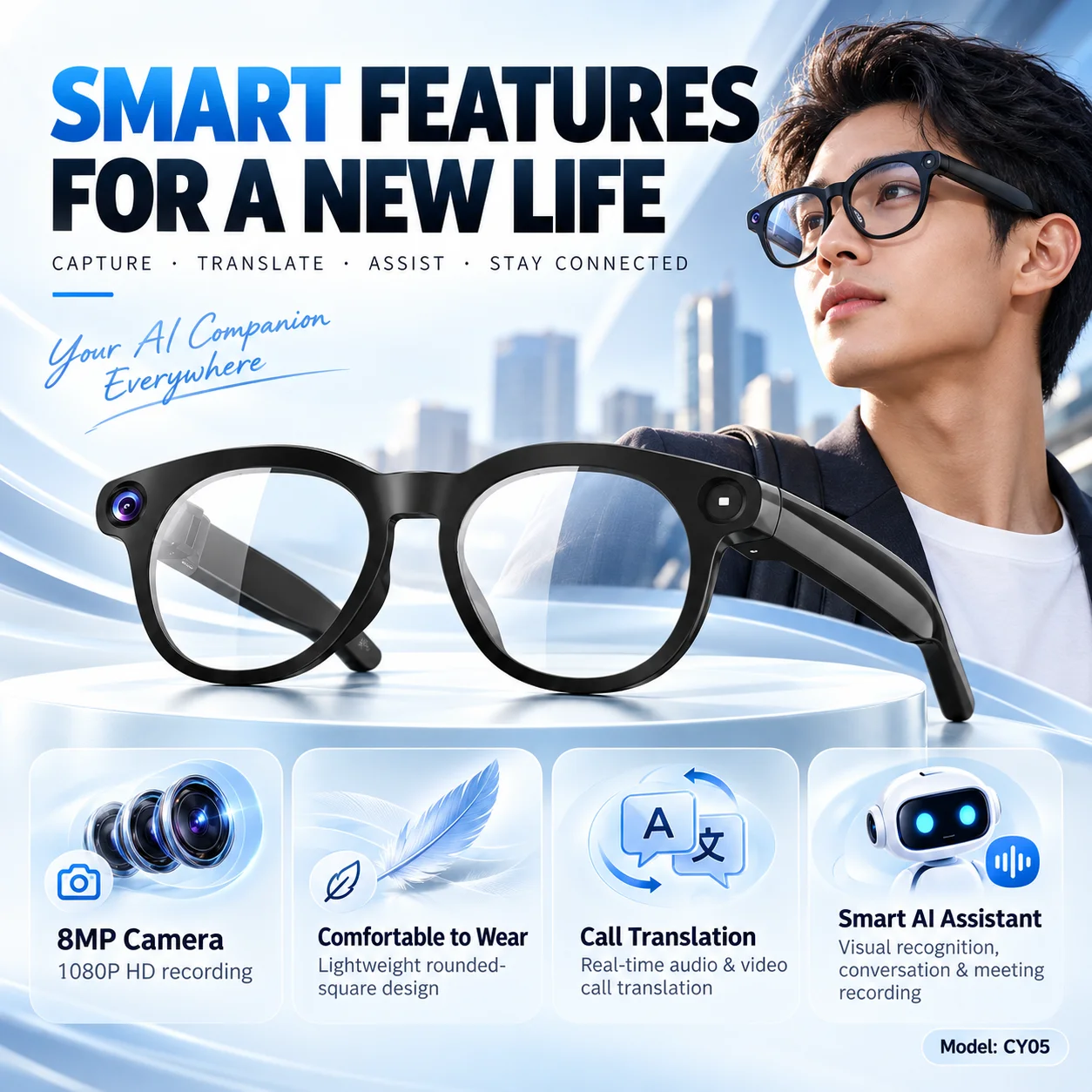 CY05 AI Smart Glasses with Camera 1600x1200 Video Recording Bluetooth 5.3 Open Ear Audio Real Time Translation Touch Control