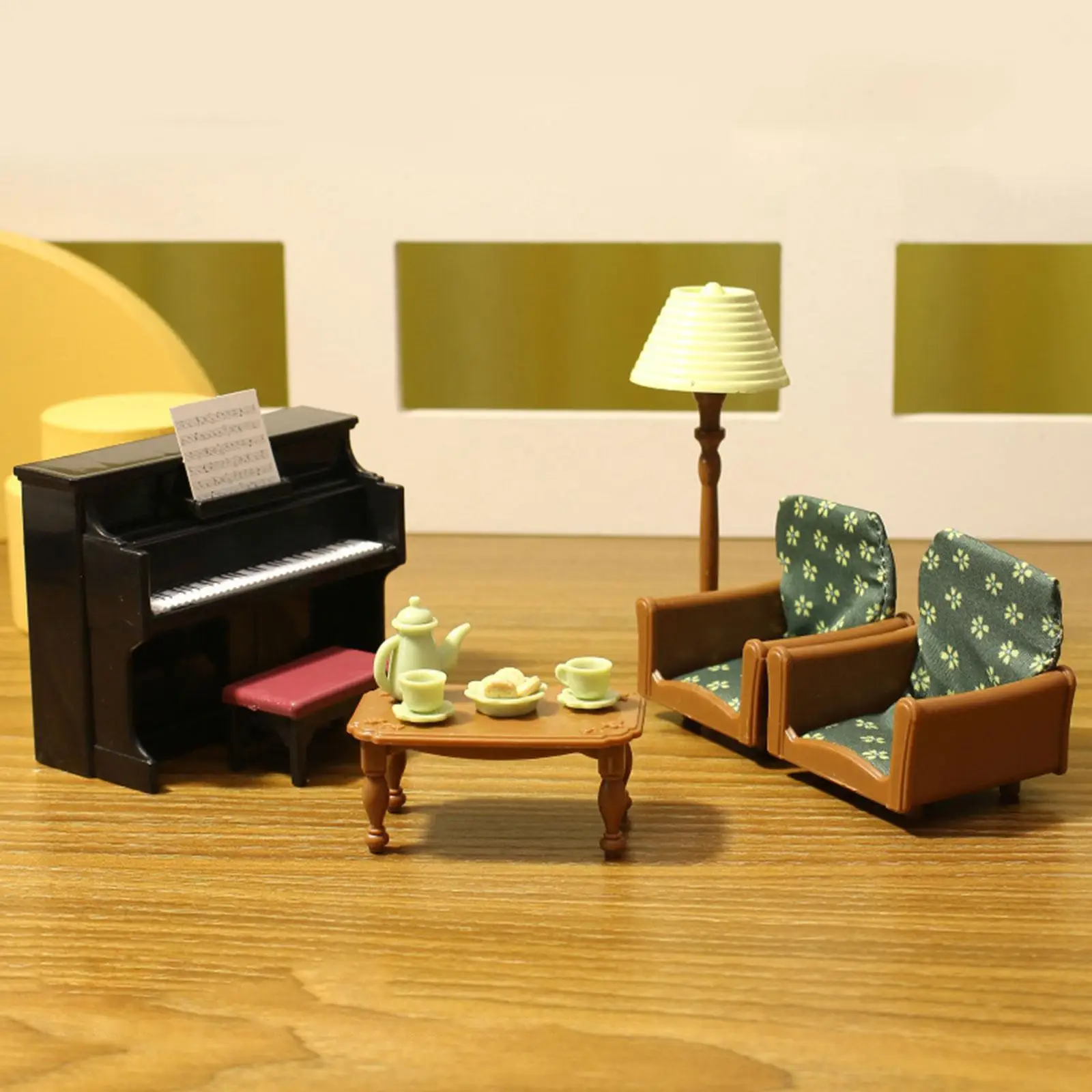 Scala 1:12 Casa delle bambole Pianoforte Divano Tavolino Scena di vita Accessori modello fai da te Pianoforte in miniatura Mobili in miniatura per balcone