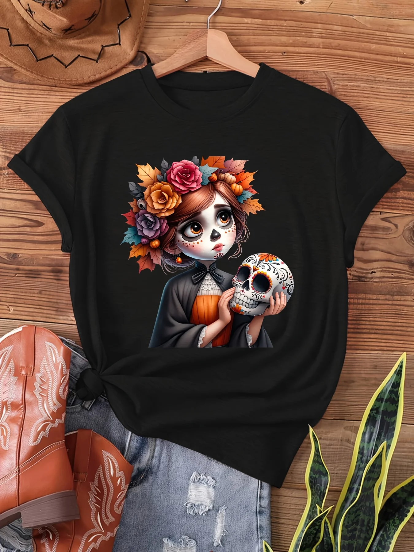 Y-Frame Floral Holding A Skull Day of The Dead Catarina Sugar Skull Flower Print T-Shirt Women's Short Sleeve Casual Tops Femme
