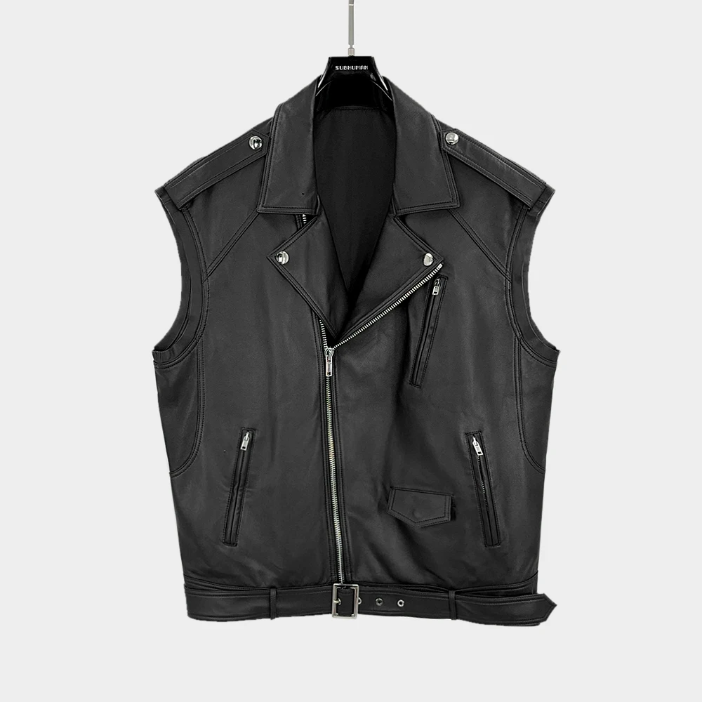 2024aw Top Quality Sleeveless Jackets Men's Clothing Zipper Vest Men Winter Black Biker Leather Jacket Male Fashion Coats