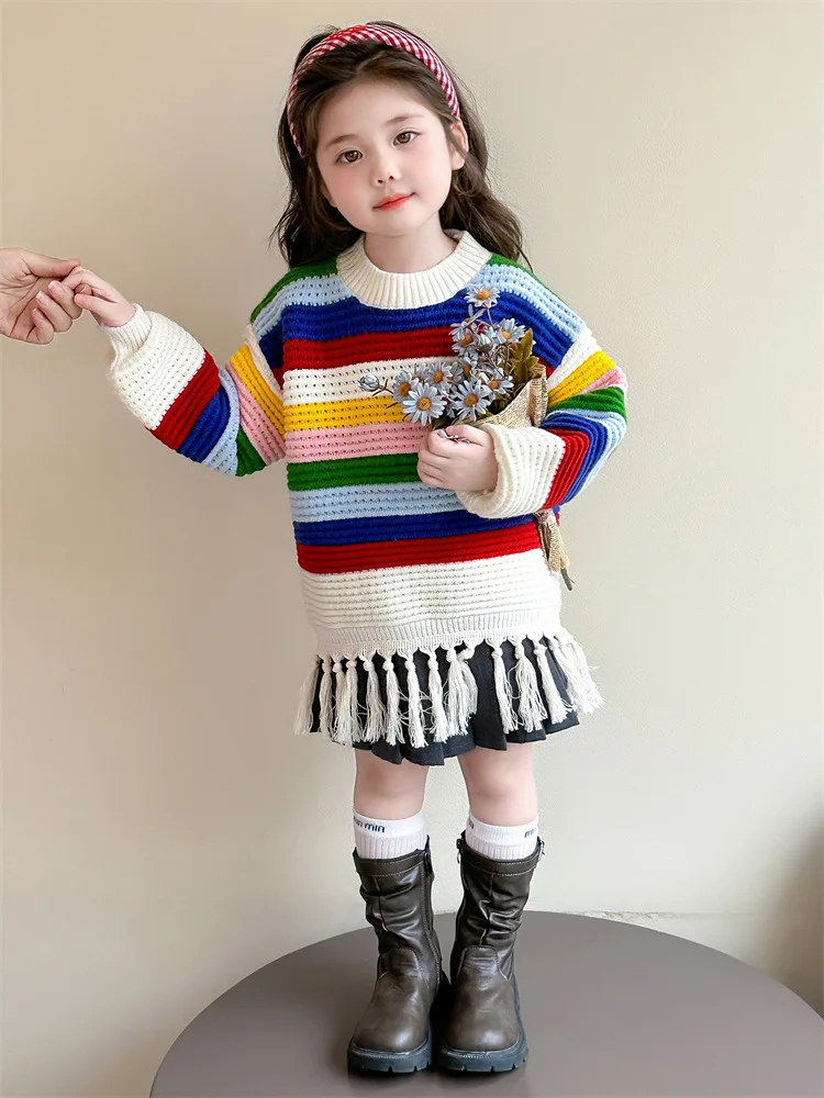 

Girls' Thickened Sweater2025Winter New Children's Knitted Sweater for Girls Stylish Rainbow Tassel Knitted Sweater Fashionable