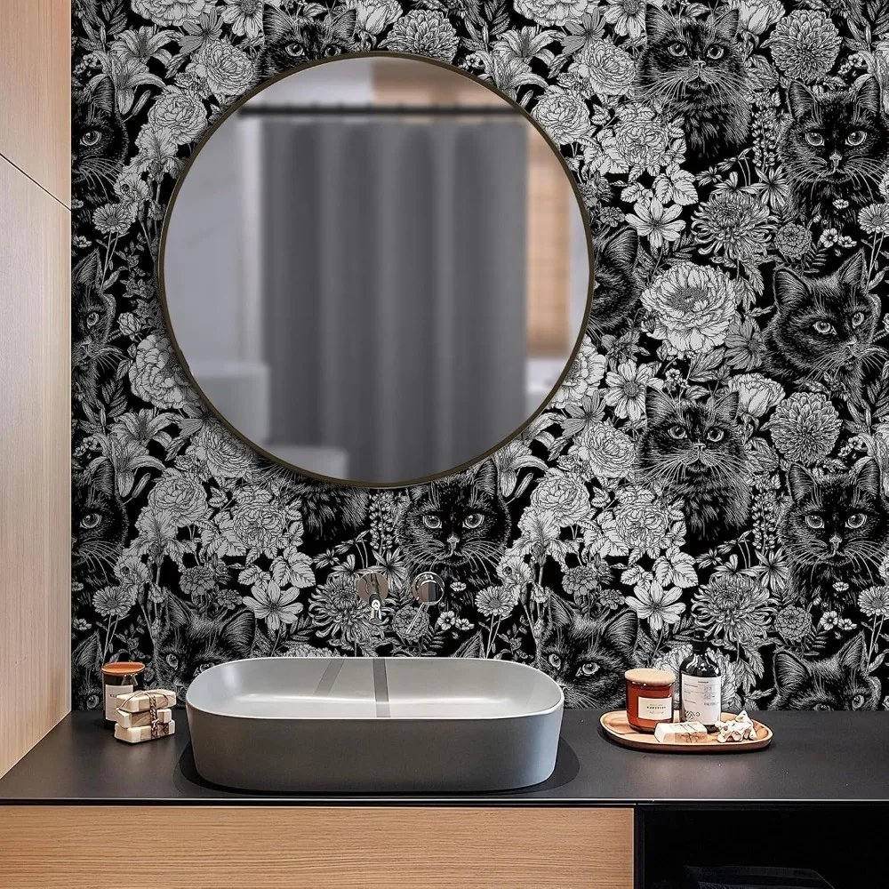 ورق جدران ذاتي اللصق على شكل زهور قطة باللونين الأسود والأبيض من مودي القوطي لداخل الأكاديمية الداكنة