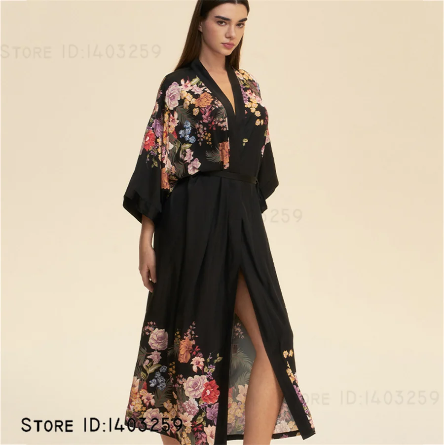 プラスサイズプリント花柄ロングバスローブ着物ガウンセクシーなウェディングローブドレスネグリジェエレガントなシルキーサテン女性のパジャマホームウェア