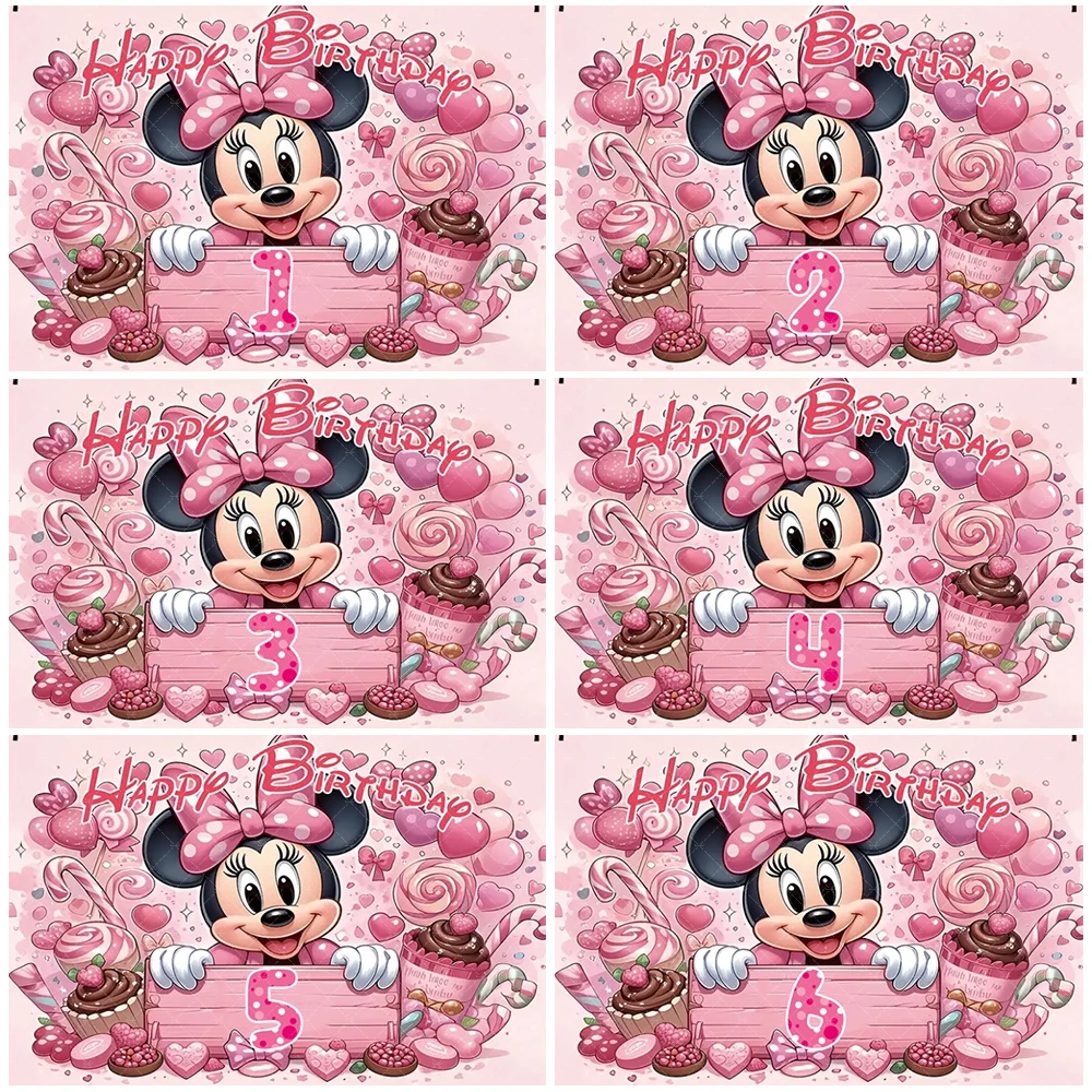 

Customized Number Disney Minnie Mouse Children Birthday Party Decoration Girl Favor Backdrop Bedroom Cartoon Tapestries Kid Gift