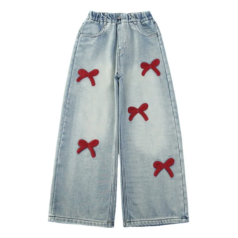 Winter-Jeans aus Lammfell für Mädchen, 4-14 Jahre, Teenager-Mädchen, Jeanshose mit integrierter Schleife und Fleece, lockere Herbst-Jeanshose für junge Mädchen – Detail 6