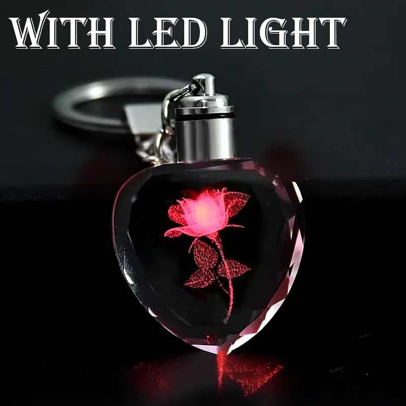 

Модный красочный брелок с узором в виде розы, в форме сердца, с кристаллами и стразами, светодиодной подсветкой, подарок для влюбленных, украшение для ключей.