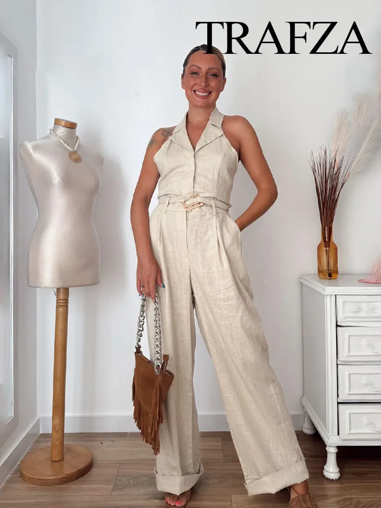 

TRAFZA Woman Fashion Sleeveless Jumpsuits Solid Turn-Down Collar Belt Decoration Single-Breasted Female Summer Backless Jumpsuit