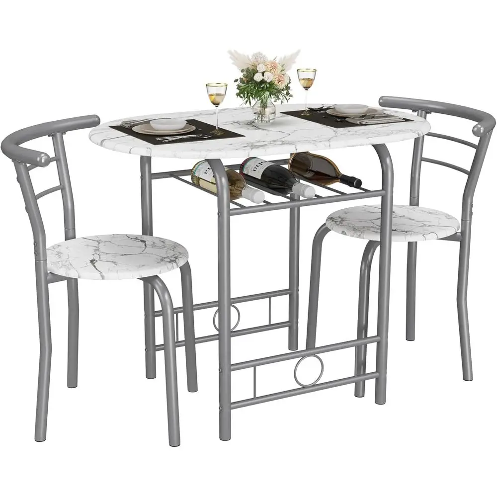 3-Piece Wooden Round Table & Chair Set, Space Saving Kitchen Breakast Nook Wood Grain Tabletop with Metal e and Built-in Wine Ra