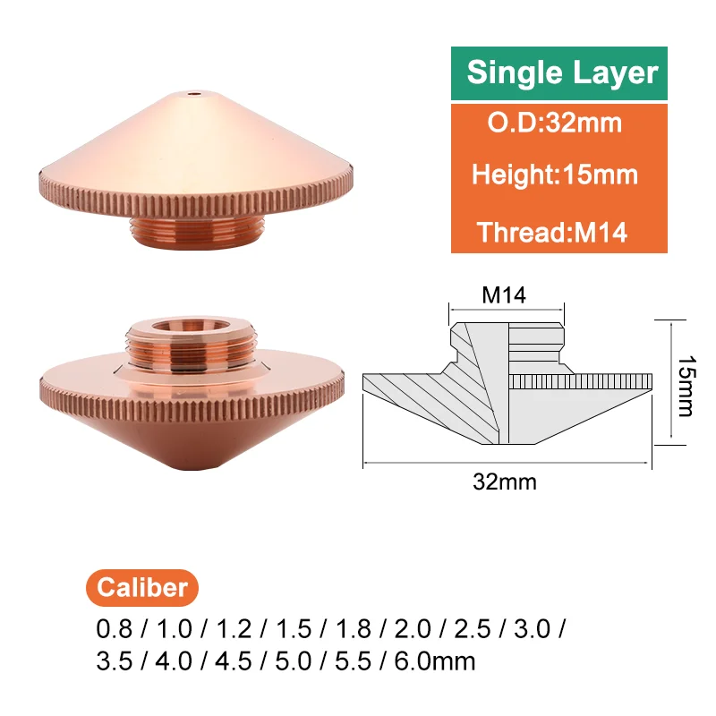 Boquilla de cobre láser de fibra D32mm M14, boquilla de una sola/doble capa que se puede utilizar en equipos de corte por láser de fibra