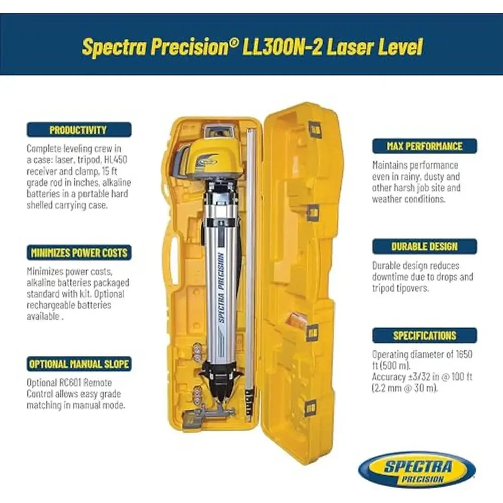 LL300N-2 Self Leveling Laser Level Kit w/ HL450 Receiver Clamp 15' Grade Rod Tripod Yellow_IP66 Rugged Design Ideal Concrete