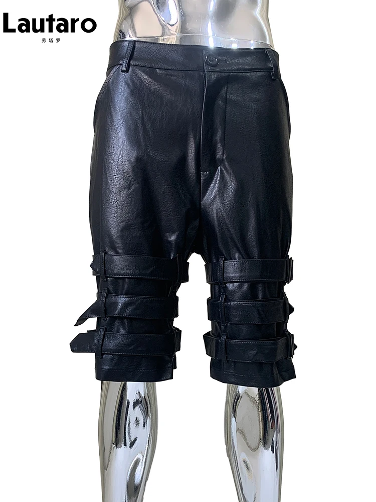 Lautaro Summer Cool Hard Black Pu Leather Shorts for Men with Many Belt High Waist Short Punk Style European Fashion Emo Clothes
