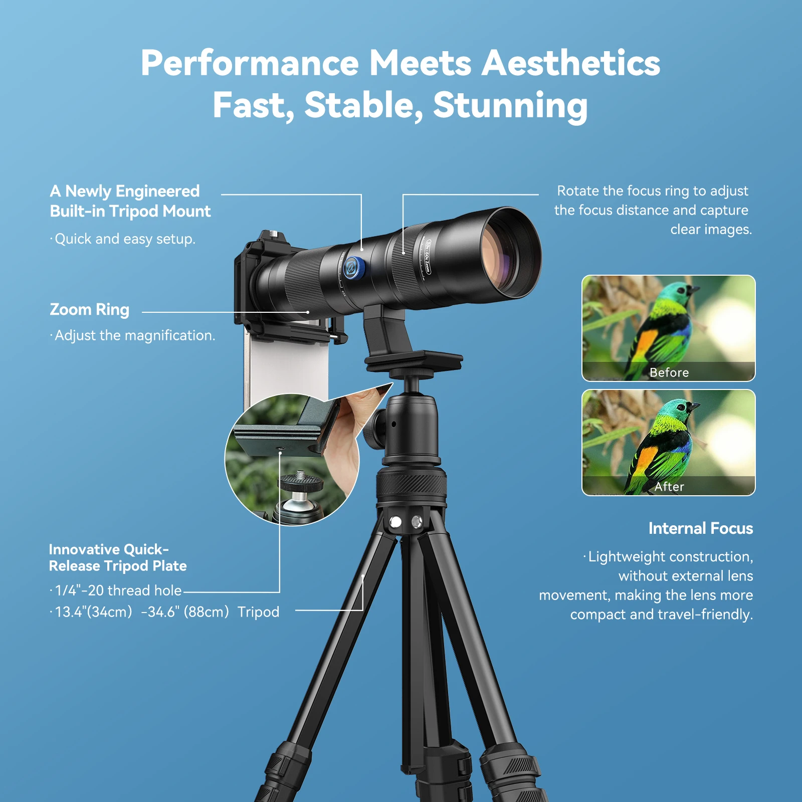 APEXEL 20x-60x Telephoto Zoom Lens Universal Phone Telescope Lenses with Metal Tripod for Camping Bird-watching iPhone Android