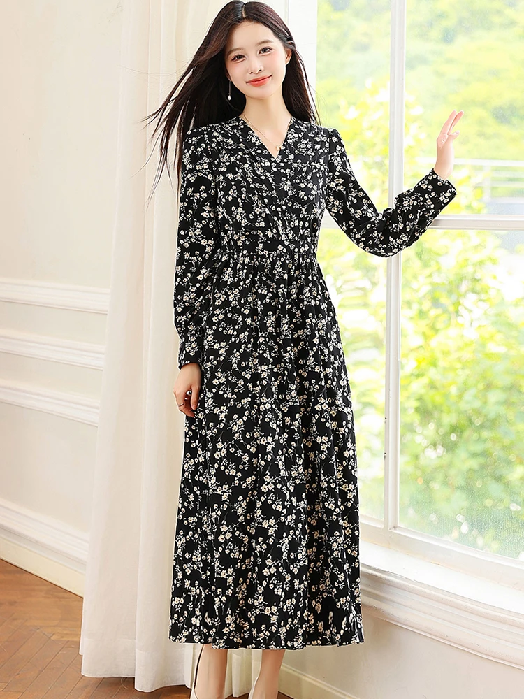 Primavera otoño negro gasa blanco Floral vestido largo 2025 coreano Vintage ropa de fiesta de lujo mujeres de manga larga vestido de fiesta con cuello en V