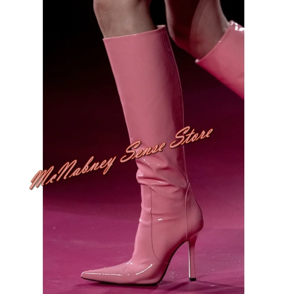 

Sweet Pink Patent Leather Boots Knee High Shoes Pointy Toe Solid Slip On Stiletto Heels Boots Spring Women Party Dress Big Size