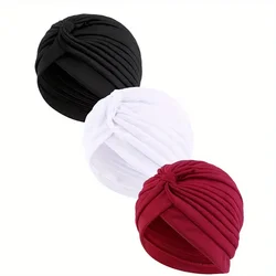 3pcs Solid Color Elastic Turban Cap, Casual Pleated Head Wrap Beanie Head Scarf Chemo Hats for Women