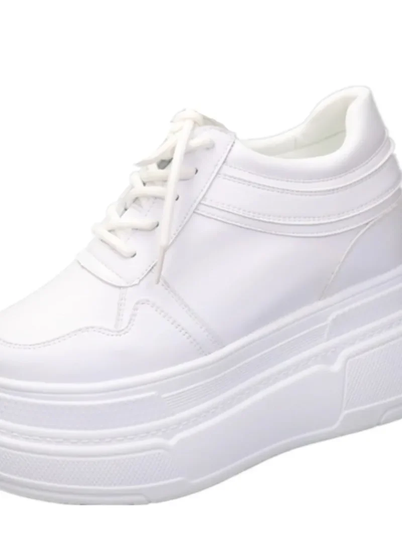 Calçado esportivo feminino vulcanizado, salto super alto, sapato branco de emagrecimento, plataforma sólida, com cordões, 12cm, moda primavera-outono