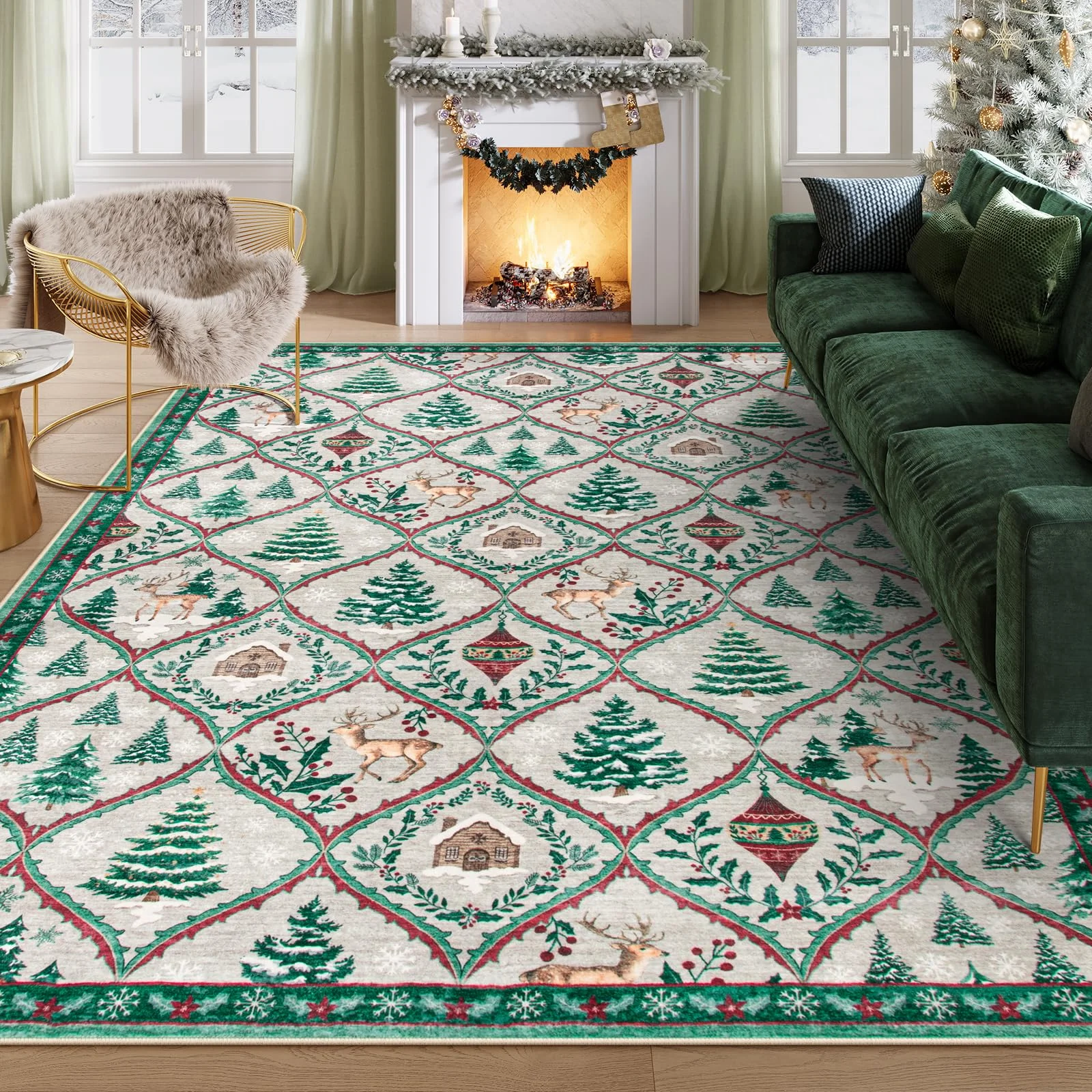 

Рождественский ковер VIKAMA для гостиной, моющийся ковер, рождественский ковер с принтом оленей, мягкий ковер в виде рождественской елки