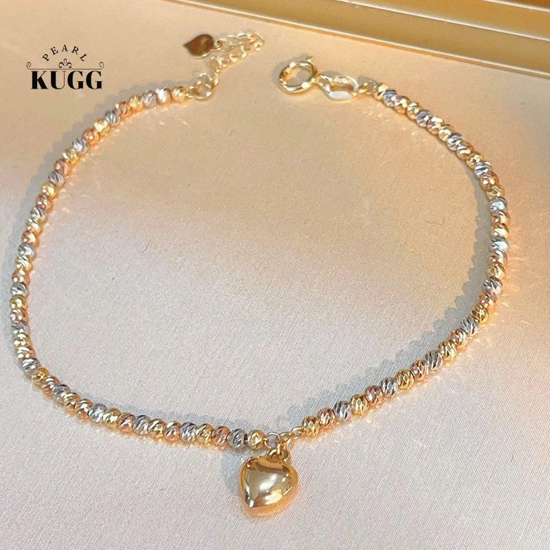 

KUGG 100% 18K White+Yellow+Rose Gold Bracelet Fashion INS Style Heart Shape Shiny Bracelet for Women Brirthday Gift Fine Jewelry
