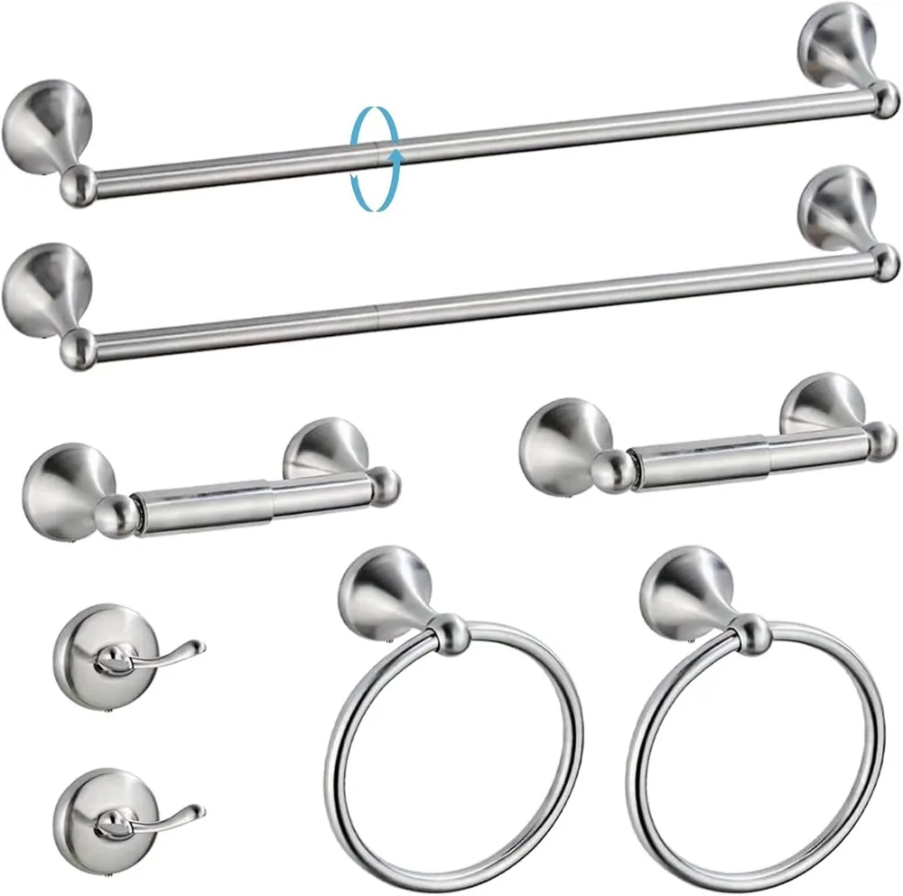 

8-Pieces 24" Bathroom Hardware Set, Adjustable Towel Bar, Towel Rings, Toilet Paper Holder, Robe Hooks in Brushed Nickel
