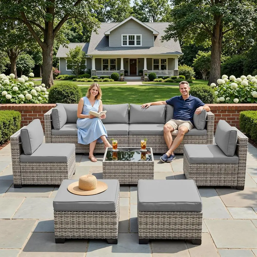 

Gray Outdoor Sectional Patio Furniture Set with Ottomans, Dual-Strand Wicker Rattan, Rust-Resistant for Backyard, Deck, Garden