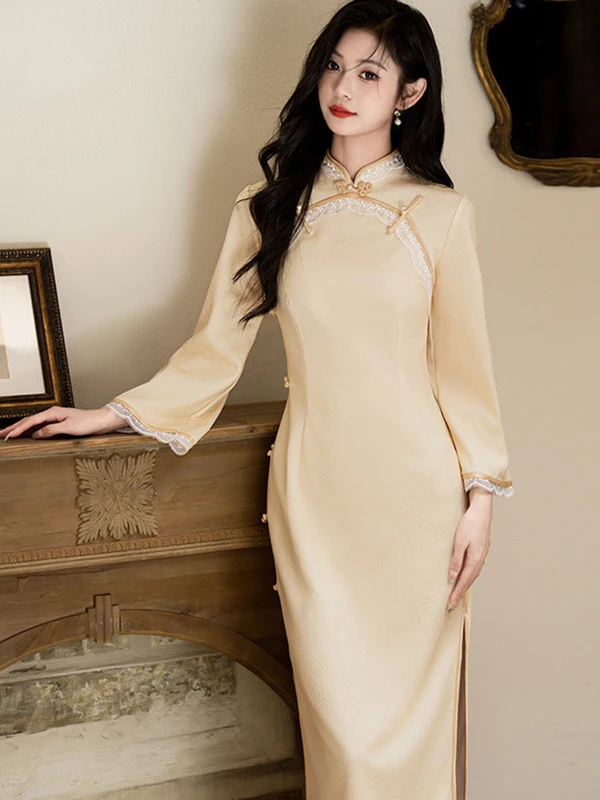 

Yellow Long-Sve Vintage Sle Women's Fitting Waist Design Daily Wear New Chinese Sle Mid-Length Qipao Dr