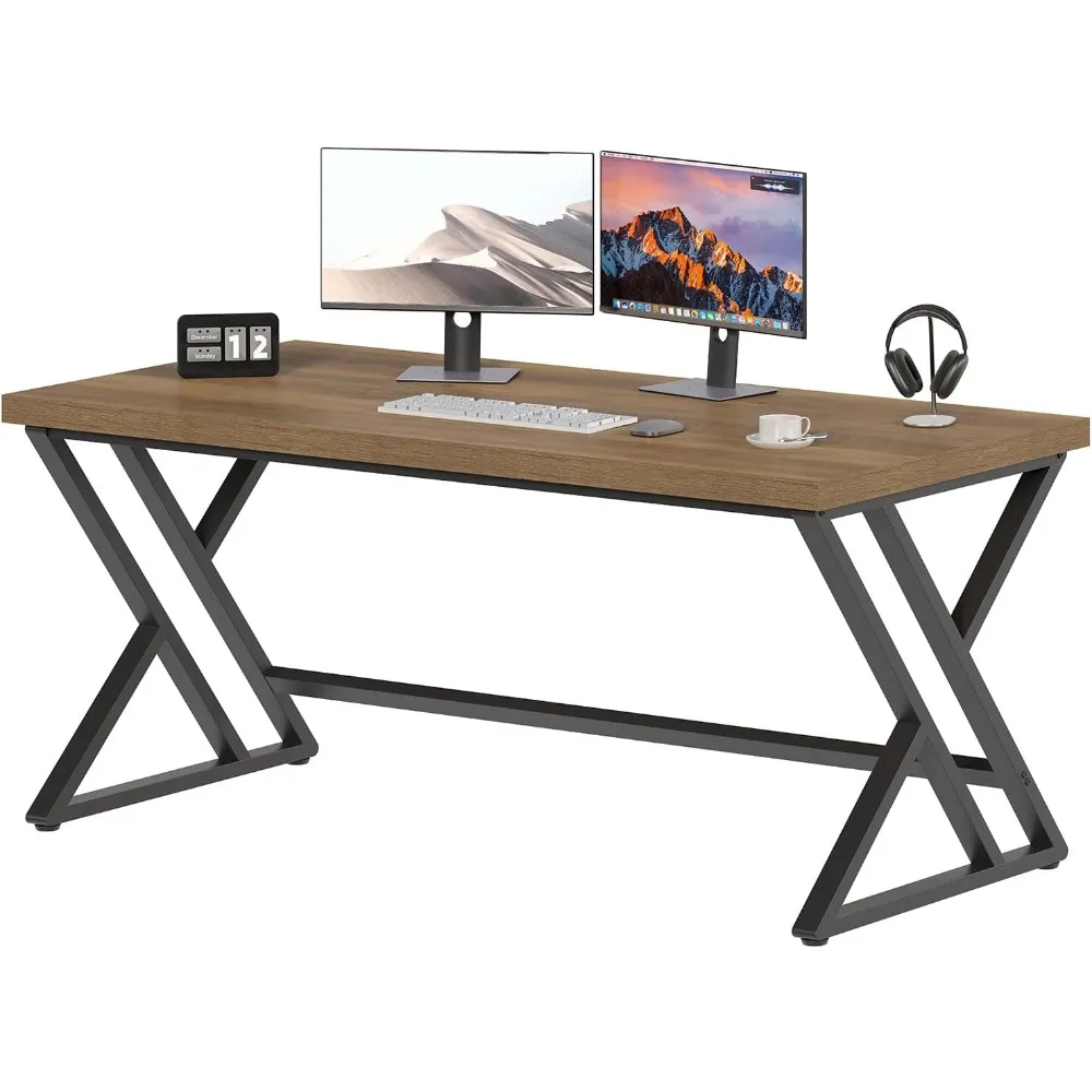 

Long Computer Desk, Big Industrial Home Office Desk, Large Metal Wood Writing Study Computer Table for Bedroom, Modern Executiv