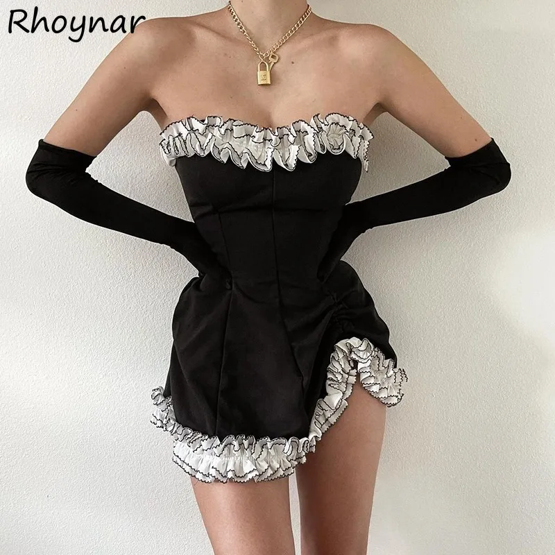 

Strapless Black Dresses Women Slim Sexy Sweet Ruffles Spliced Chic Sleevelet Party Vestidos Nightclub Hot Spring Summer Hip Wrap