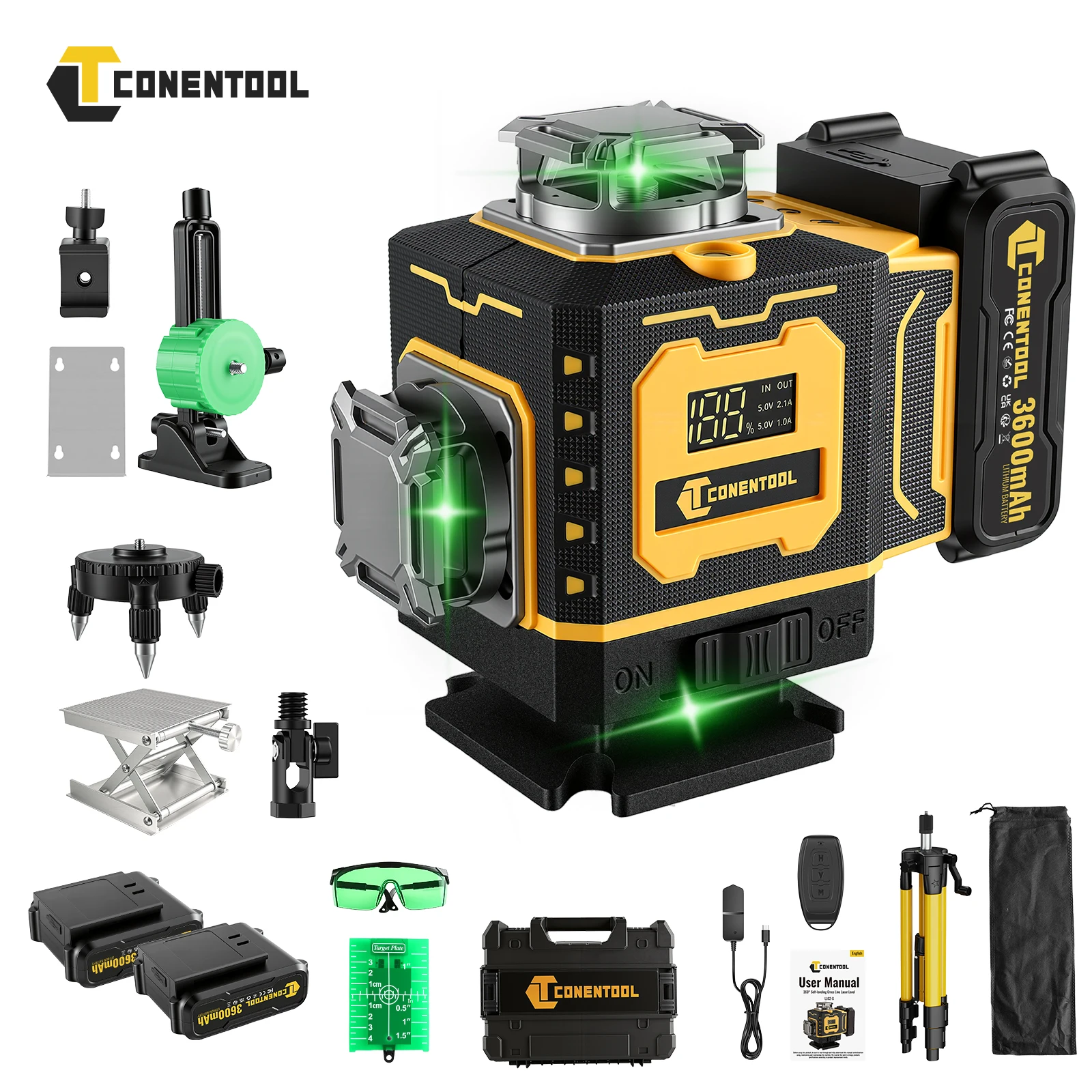 Niveau laser vert auto-nivelant CONENTOOL 4D 360 °   Kit laser 16 lignes avec trépied pour la construction, la rénovation et les projets de bricolage