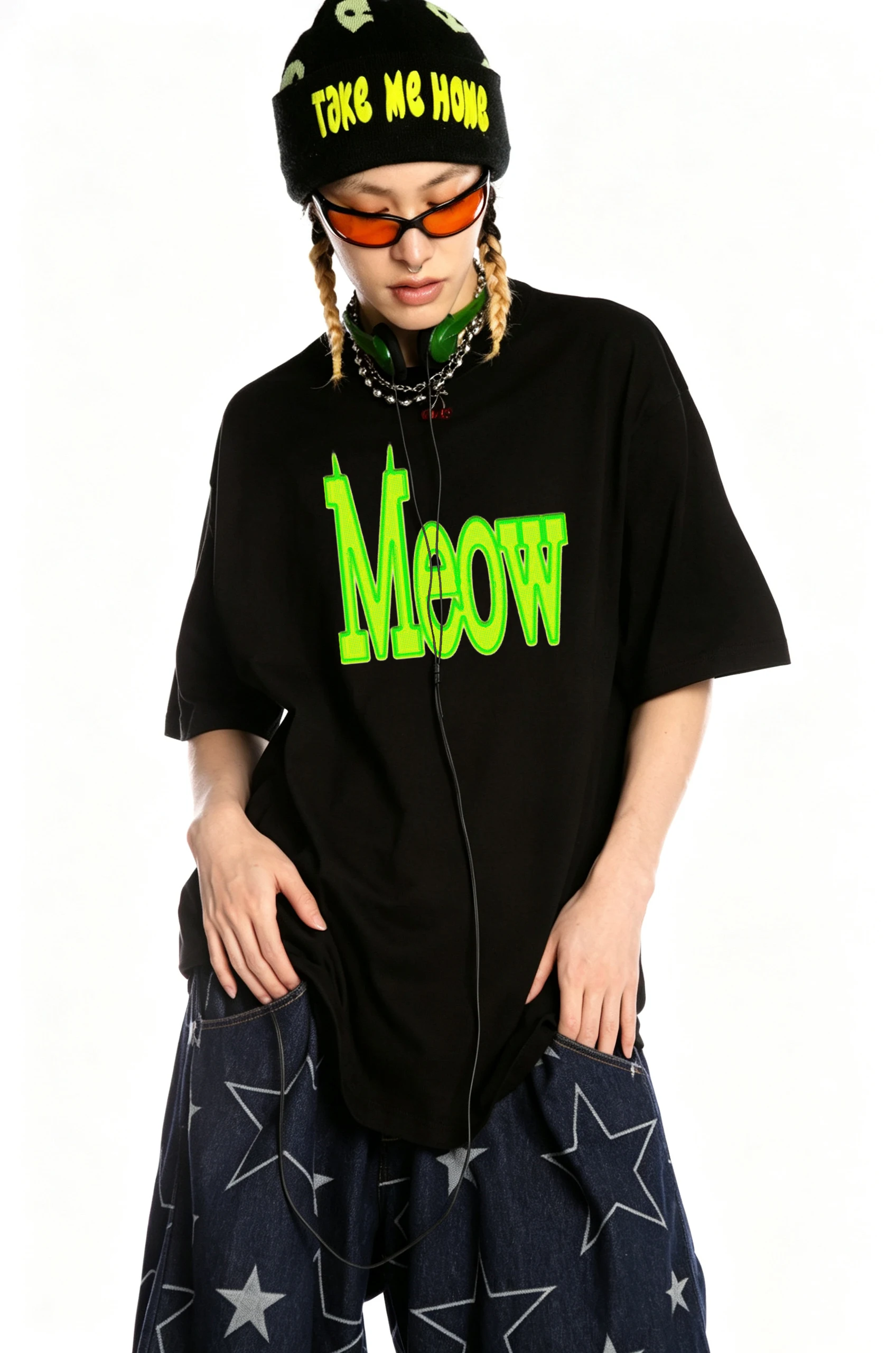 Unisex Graphic Tee Y2K Streetwear Bright Neon Green Font Print Casual Loose Fit Crew Neck Short Sleeve T Shirt Black White