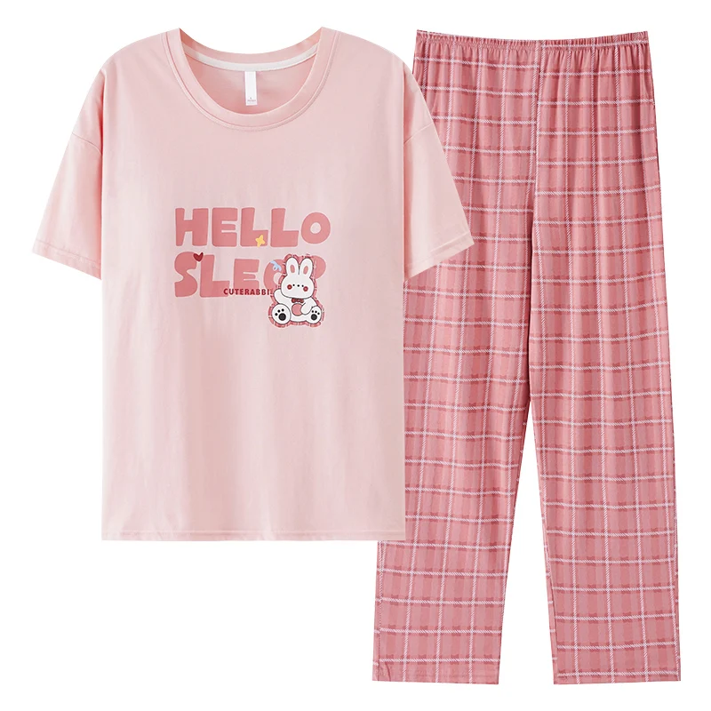 Newest Summer Short Sleeve Sleepwear With Chest Pad 100% Cotton Women Pajamas Set Female Short Top+Long Pants Pijamas Mujer