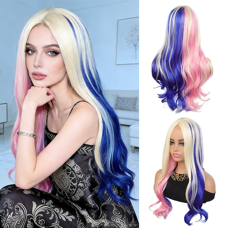 

Colorful Ombre Middle Part Body Wave Wig, Women's Long Synthetic Hair Wig, Blue Pink Blonde Heat Resistant Fiber Wig for Daily &