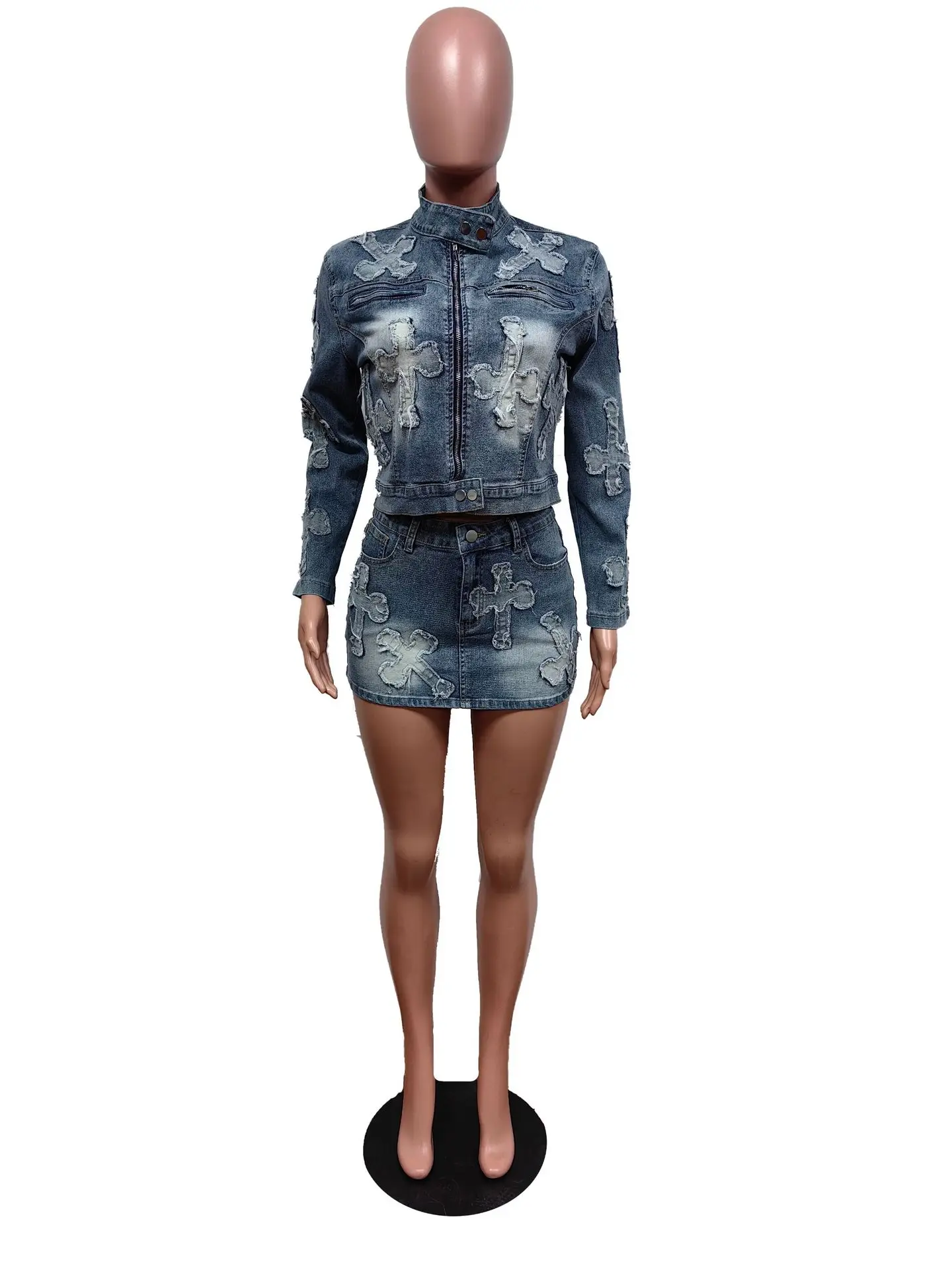 Denim Jacket Set 2 Piece Outfit Jean Tie Dye Dress Y2K Streetwear Sexy Jackets Coat Two Piece Set Outfits Winter Clothing